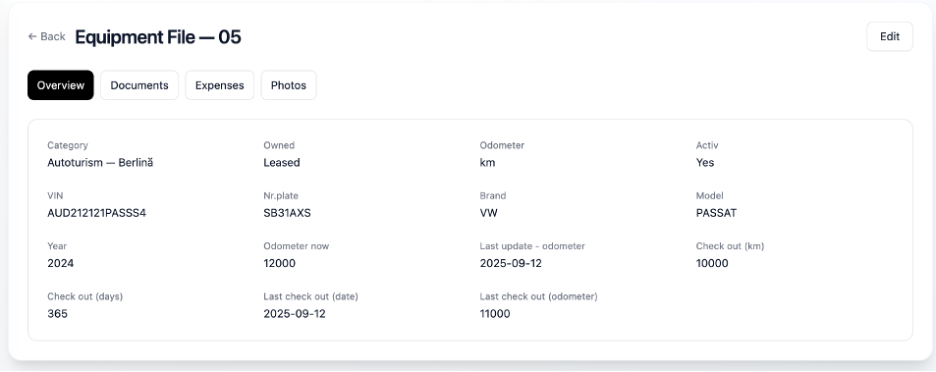 Fișă vehicul și documente atașate